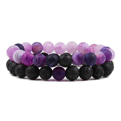 Set Gelang Pasangan Jarak Hitam Putih Batu Lava Asli Tiger Eye Gelang Yoga Manik untuk Lelaki Wanita Perhiasan Tali Elastik 