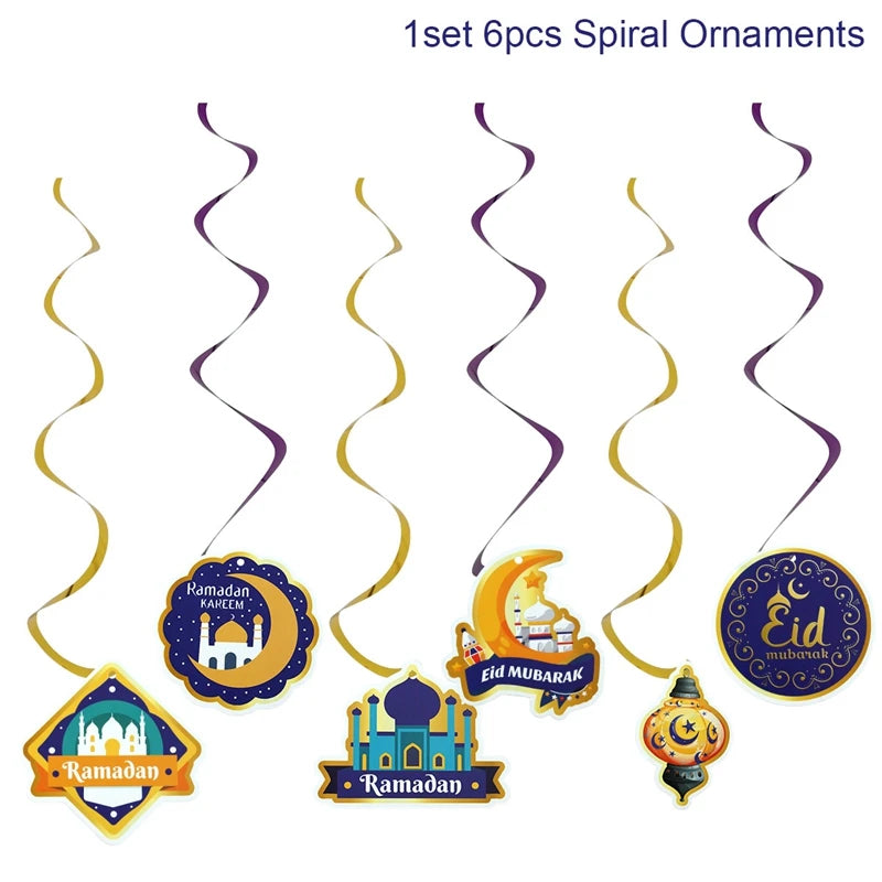 Eid Mubarak Banner Decor For Home Gold Spiral Eid Pendant Bunting Islamic Muslim Hajj Mubarak Festival Party DIY Ramadan Decor