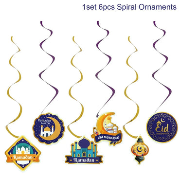 Eid Mubarak Banner Decor For Home Gold Spiral Eid Pendant Bunting Islamic Muslim Hajj Mubarak Festival Party DIY Ramadan Decor