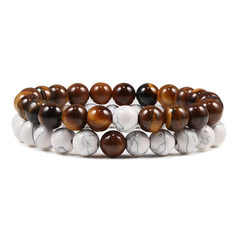 Set Gelang Pasangan Jarak Hitam Putih Batu Lava Asli Tiger Eye Gelang Yoga Manik untuk Lelaki Wanita Perhiasan Tali Elastik 