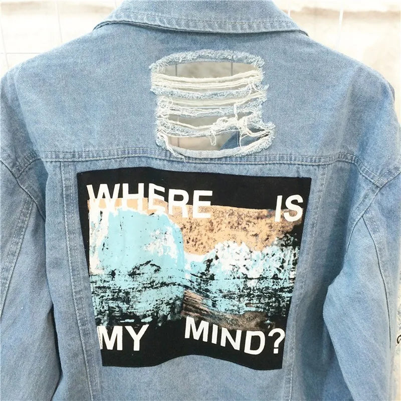 Where Is My Mind Korea Kpop Frayed Letter Patch Bomber Jeans Jacket Women Ripped Denim Coat Female Streetwear Harajuku