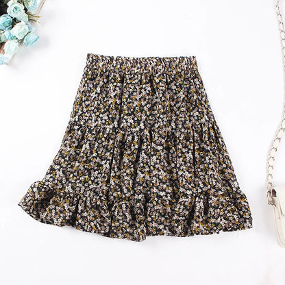 Versi Korea Luar Bandar Kecil Segar Bunga Patah Musim Panas Pinggang Tinggi Splicing Chiffon Pleated Printed Wanita Mini Tutu Skirt pendek 