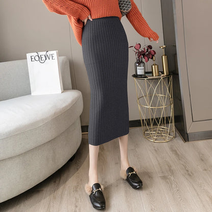 Womens Knitted Skirts Slim Solid Basic Package Hip Pencil Skirt Ladies High Waist Long Mid-Calf Skirt Streetwear Autumn Winter