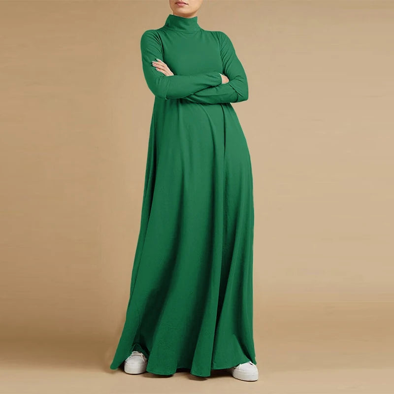 Fesyen Musim Gugur Turtleneck Lengan Panjang Sundress Wanita Maxi Long Dress ZANZEA Elegan Solid Kasual Jubah Femme Kaftan Party Vestido 
