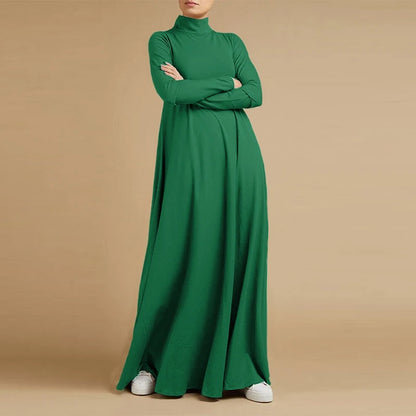 Fesyen Musim Gugur Turtleneck Lengan Panjang Sundress Wanita Maxi Long Dress ZANZEA Elegan Solid Kasual Jubah Femme Kaftan Party Vestido 