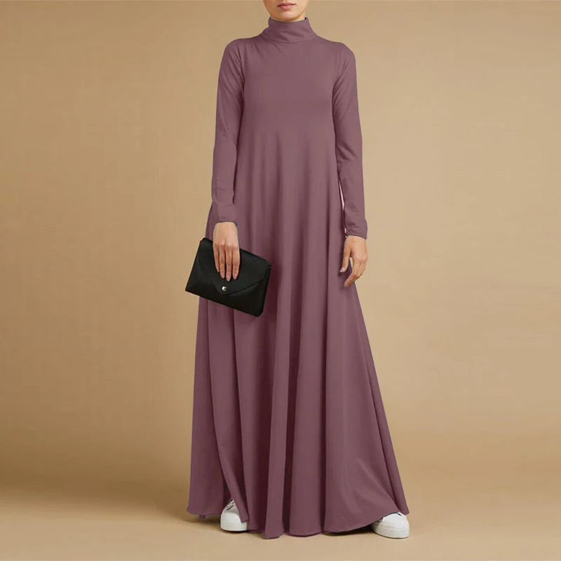 Fesyen Musim Gugur Turtleneck Lengan Panjang Sundress Wanita Maxi Long Dress ZANZEA Elegan Solid Kasual Jubah Femme Kaftan Party Vestido 