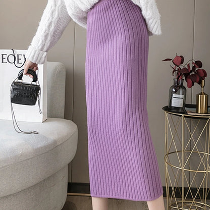 Womens Knitted Skirts Slim Solid Basic Package Hip Pencil Skirt Ladies High Waist Long Mid-Calf Skirt Streetwear Autumn Winter