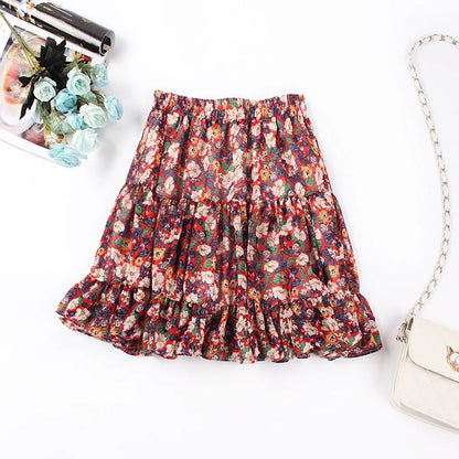 Versi Korea Luar Bandar Kecil Segar Bunga Patah Musim Panas Pinggang Tinggi Splicing Chiffon Pleated Printed Wanita Mini Tutu Skirt pendek 