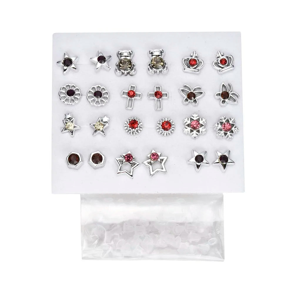 NEW 12~36 Pairs Fashion Women Girls Resin Plastic Crystal Diamante Flower Stud Earrings Set Random Style Gold Color Jewelry