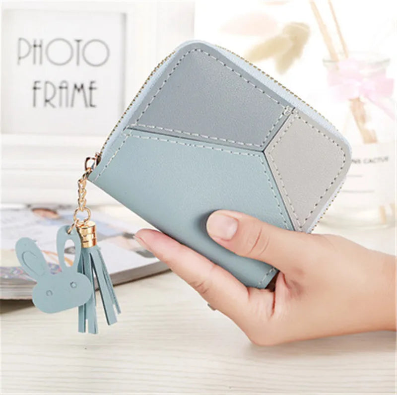 Geometric Patchwork PU Leather Women Long Zipper Wrist Purses Tassel Design Clutch Forever Young Wallet Female Card Holder