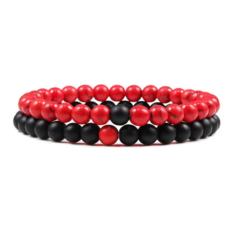 Set Gelang Pasangan Jarak Hitam Putih Batu Lava Asli Tiger Eye Gelang Yoga Manik untuk Lelaki Wanita Perhiasan Tali Elastik 