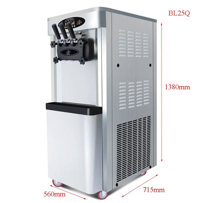 Soft Ice Cream Machine Automatic Ice Cream Maker 1800W Stainless Steel Yogurt Ice Cream 3 Flavors 30L/H Air Cooling