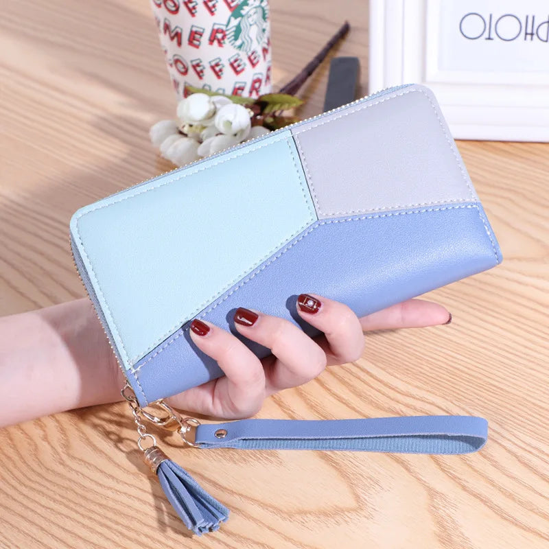 Geometric Patchwork PU Leather Women Long Zipper Wrist Purses Tassel Design Clutch Forever Young Wallet Female Card Holder