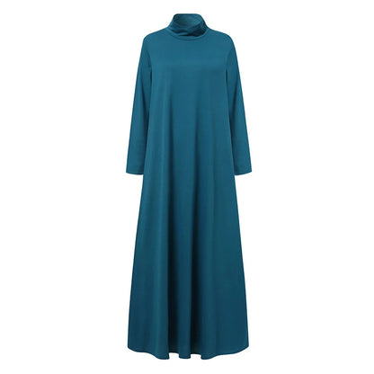 Fesyen Musim Gugur Turtleneck Lengan Panjang Sundress Wanita Maxi Long Dress ZANZEA Elegan Solid Kasual Jubah Femme Kaftan Party Vestido 