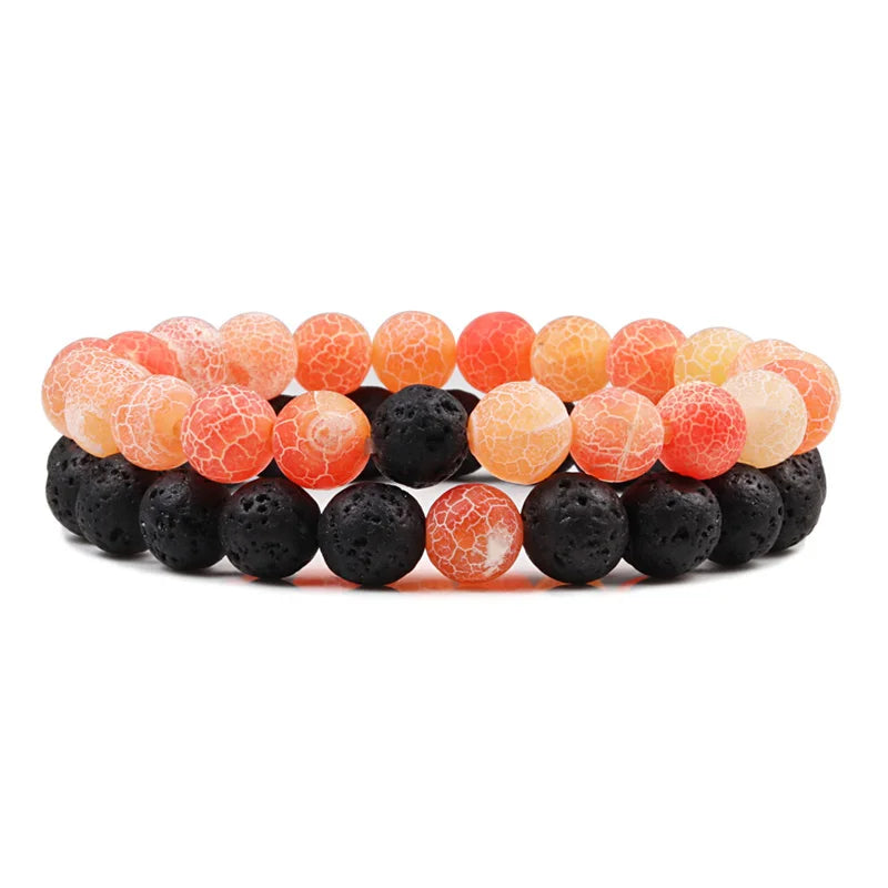 Set Gelang Pasangan Jarak Hitam Putih Batu Lava Asli Tiger Eye Gelang Yoga Manik untuk Lelaki Wanita Perhiasan Tali Elastik 