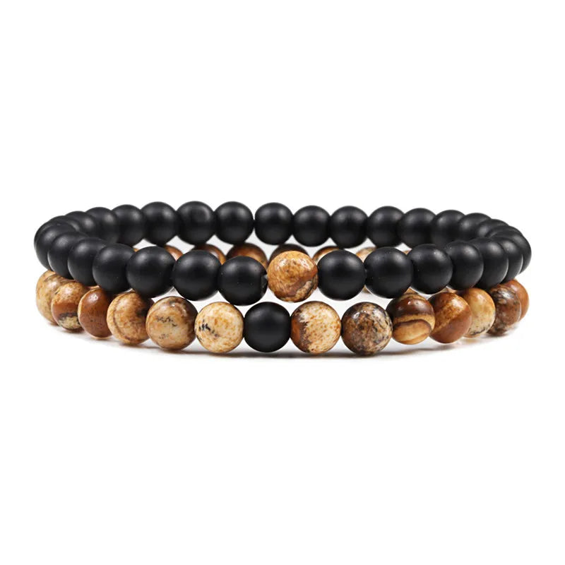 Set Gelang Pasangan Jarak Hitam Putih Batu Lava Asli Tiger Eye Gelang Yoga Manik untuk Lelaki Wanita Perhiasan Tali Elastik 