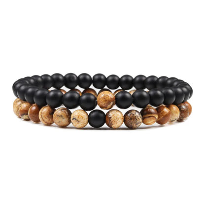 Set Gelang Pasangan Jarak Hitam Putih Batu Lava Asli Tiger Eye Gelang Yoga Manik untuk Lelaki Wanita Perhiasan Tali Elastik 