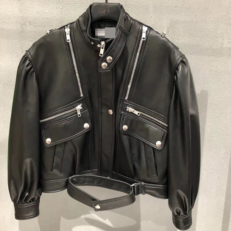 2020 Autumn New Genuine Leather Motorcycle Jacket Puff Sleeve New Zealand Imported Sheep Leather Jacket