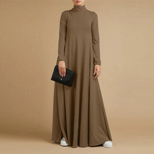 Fesyen Musim Gugur Turtleneck Lengan Panjang Sundress Wanita Maxi Long Dress ZANZEA Elegan Solid Kasual Jubah Femme Kaftan Party Vestido 