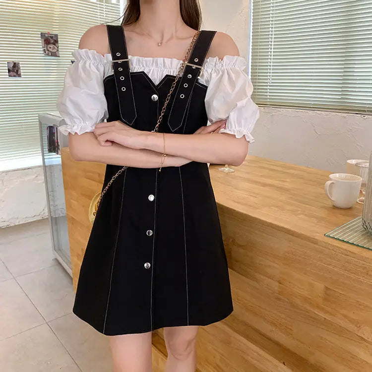 Short Sleeve Dress Women Slash Neck Design Lovely Chic Patchwork Vintage Lady Vestidos Puff  A-line Holiday Girls Sundress