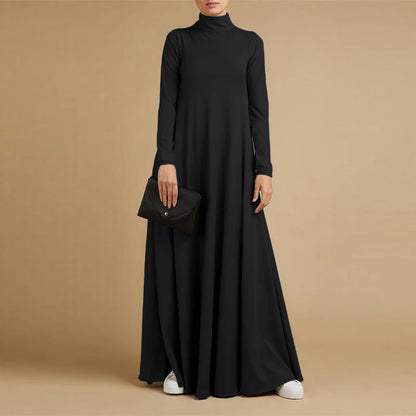 Fesyen Musim Gugur Turtleneck Lengan Panjang Sundress Wanita Maxi Long Dress ZANZEA Elegan Solid Kasual Jubah Femme Kaftan Party Vestido 