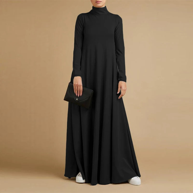 Fesyen Musim Gugur Turtleneck Lengan Panjang Sundress Wanita Maxi Long Dress ZANZEA Elegan Solid Kasual Jubah Femme Kaftan Party Vestido 