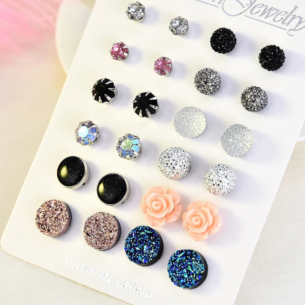 NEW 12~36 Pairs Fashion Women Girls Resin Plastic Crystal Diamante Flower Stud Earrings Set Random Style Gold Color Jewelry