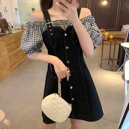 Short Sleeve Dress Women Slash Neck Design Lovely Chic Patchwork Vintage Lady Vestidos Puff  A-line Holiday Girls Sundress