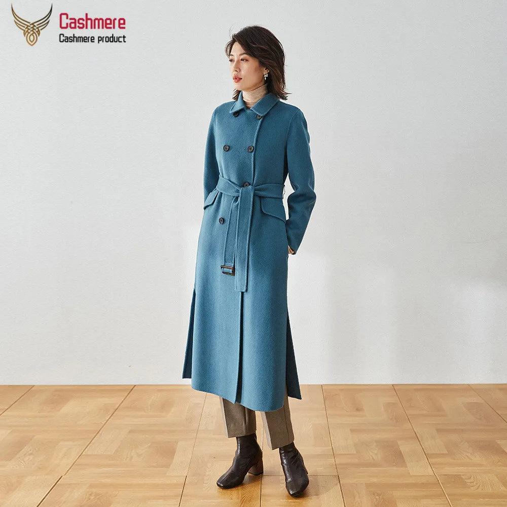 100% Wool Coat Women Long Winter Coat 2024 Coffee Color Casual Bouble-breasted Belted Coat Female Autumn Straight Wool Coat Blue