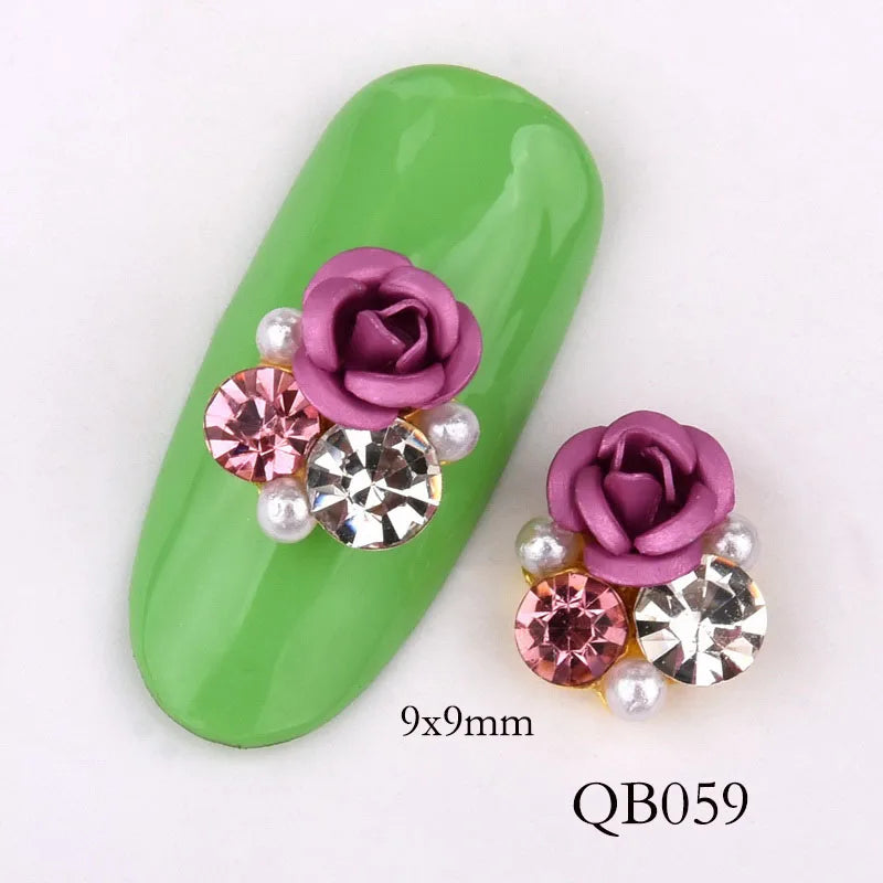 10pcs Baru Reka bentuk Bunga Berlian Buatan Mutiara Terang Alloy Nail Art Hiasan Glitter DIY 3D Nail Jewelry Loket QB054-063 