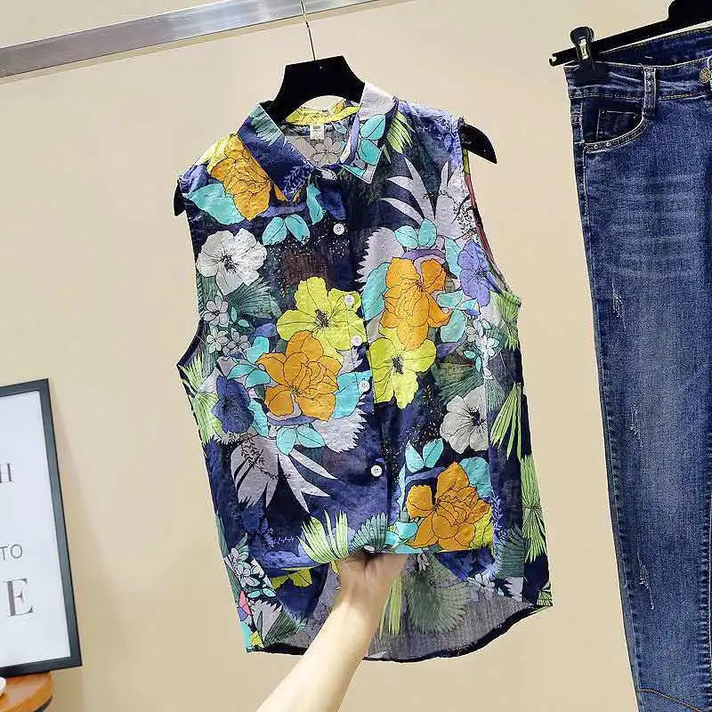 Women's Spring Summer Style Cotton Blouses Shirts Women's Peter pan Collar Printed Sleeveless Korean Loose Tops SP651