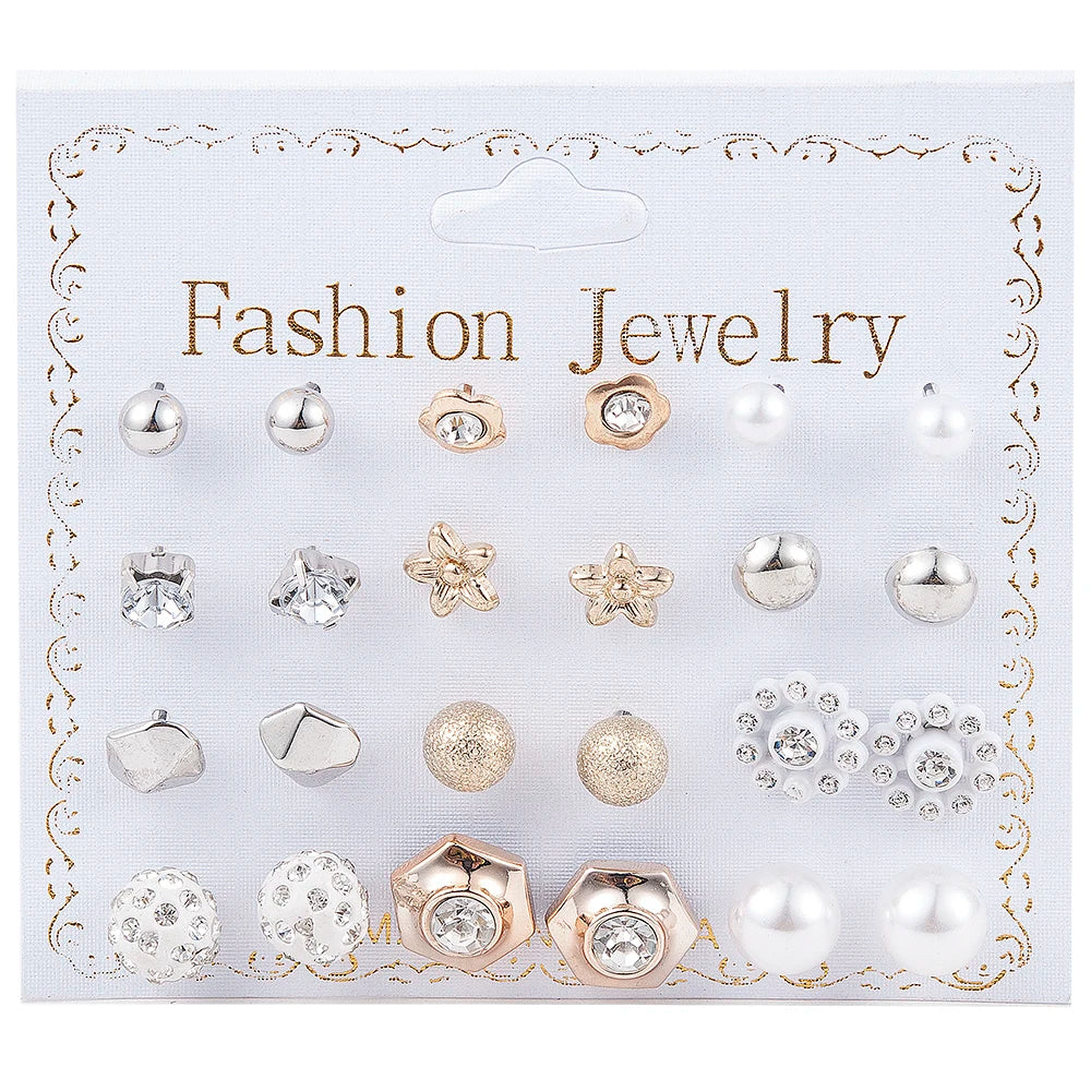 NEW 12~36 Pairs Fashion Women Girls Resin Plastic Crystal Diamante Flower Stud Earrings Set Random Style Gold Color Jewelry