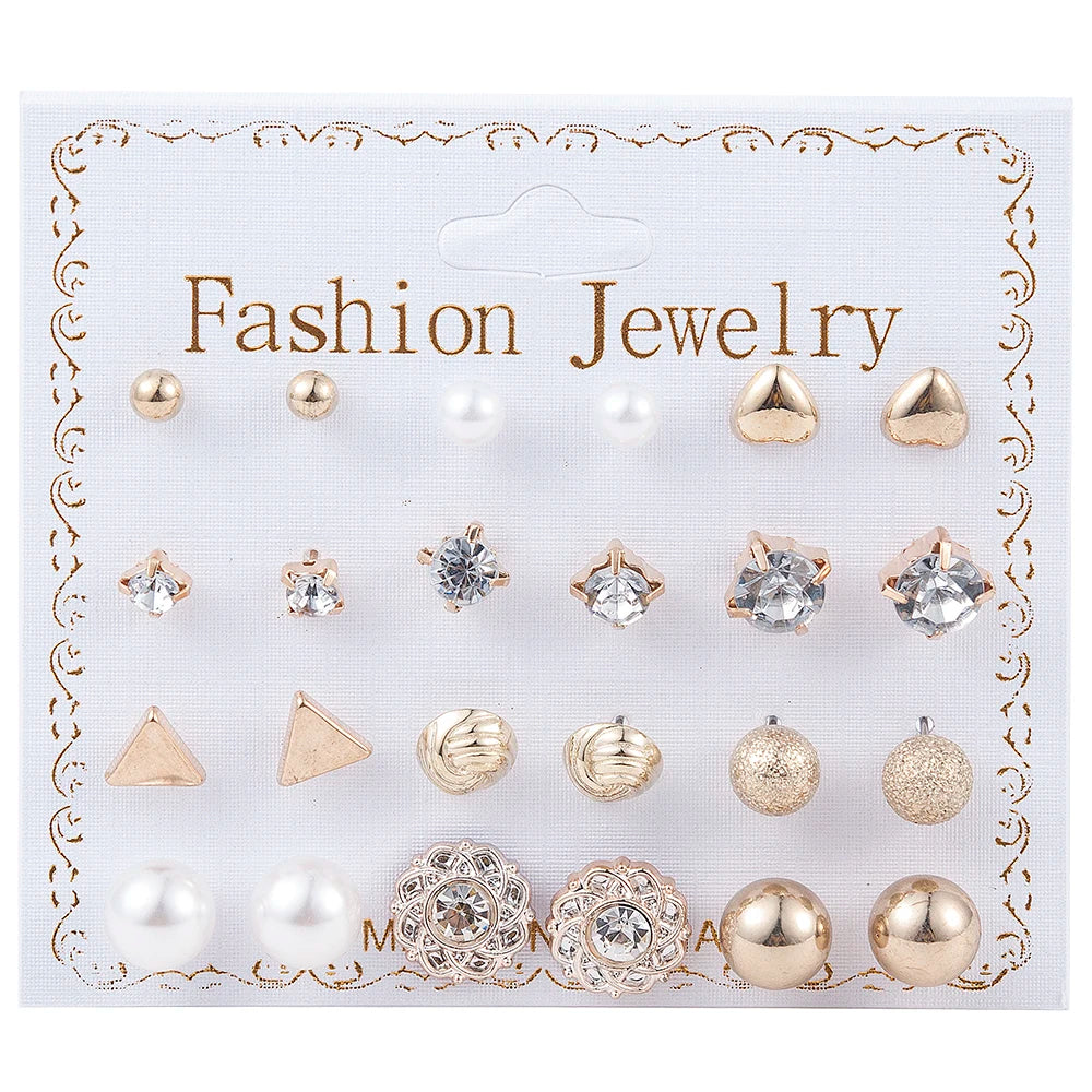 NEW 12~36 Pairs Fashion Women Girls Resin Plastic Crystal Diamante Flower Stud Earrings Set Random Style Gold Color Jewelry