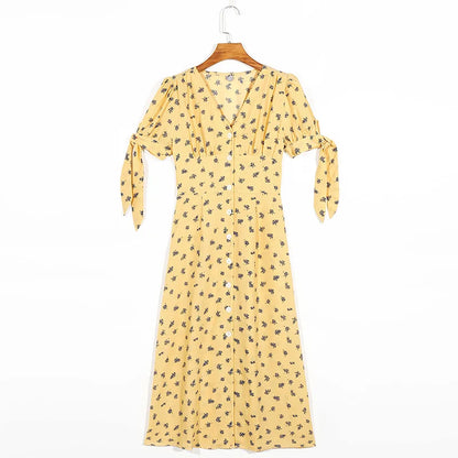 Dresses For Women Summer V Neck Short Sleeve Tie Floral Print Vintage Dress Buttoned Sexy Front Slit Elegant Midi Dress Clothes