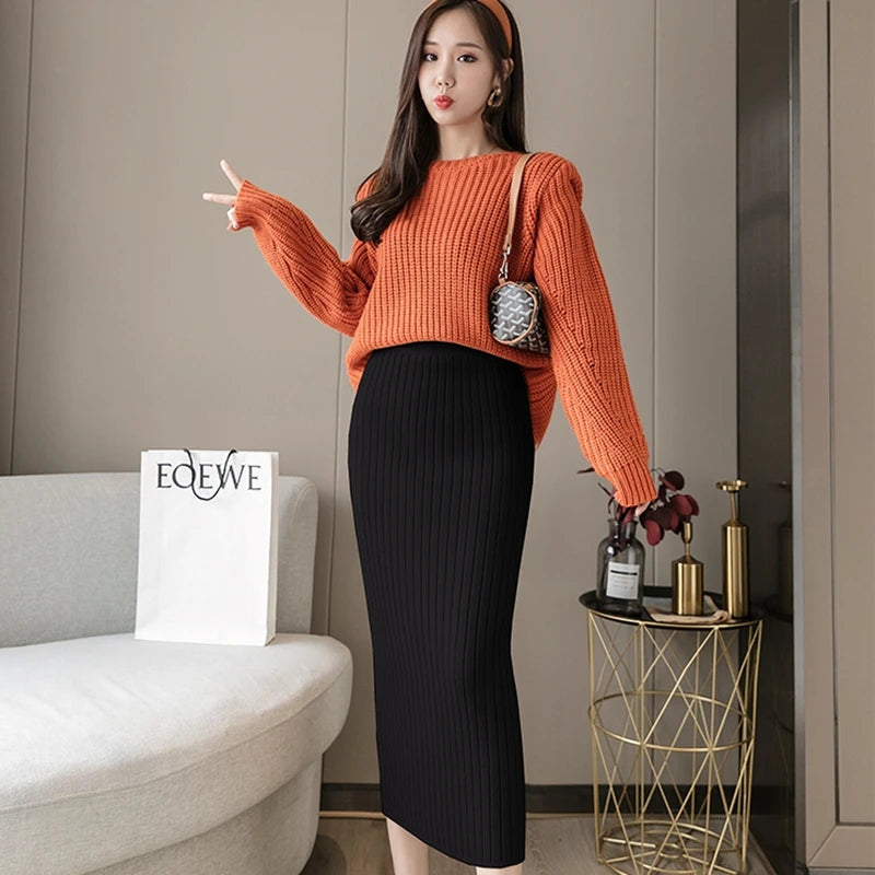 Womens Knitted Skirts Slim Solid Basic Package Hip Pencil Skirt Ladies High Waist Long Mid-Calf Skirt Streetwear Autumn Winter