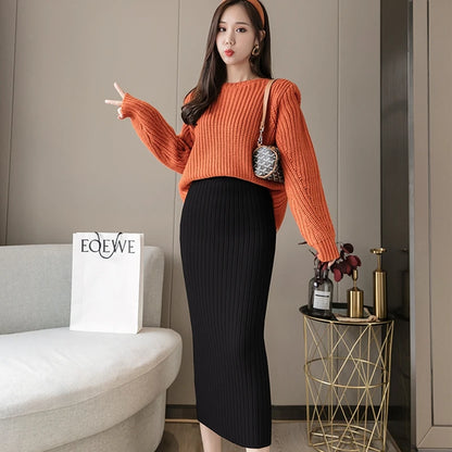 Womens Knitted Skirts Slim Solid Basic Package Hip Pencil Skirt Ladies High Waist Long Mid-Calf Skirt Streetwear Autumn Winter