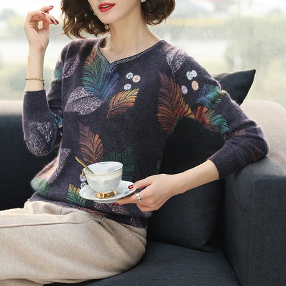 New 2020 Women Cashmere Sweater Elegant Printing Sweater Pullover Floral Printed Wool Sweater V-Neck Long Sleeve Sweater