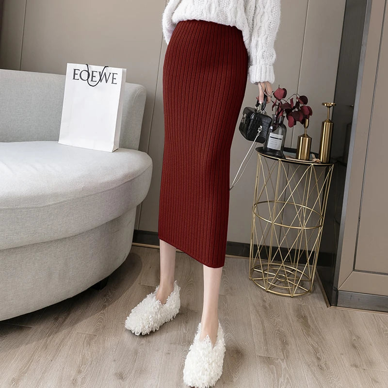 Womens Knitted Skirts Slim Solid Basic Package Hip Pencil Skirt Ladies High Waist Long Mid-Calf Skirt Streetwear Autumn Winter