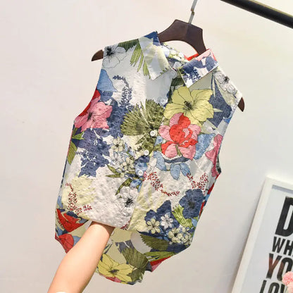 Women's Spring Summer Style Cotton Blouses Shirts Women's Peter pan Collar Printed Sleeveless Korean Loose Tops SP651