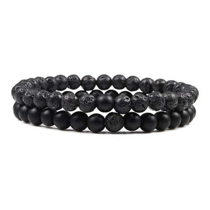 Set Gelang Pasangan Jarak Hitam Putih Batu Lava Asli Tiger Eye Gelang Yoga Manik untuk Lelaki Wanita Perhiasan Tali Elastik 