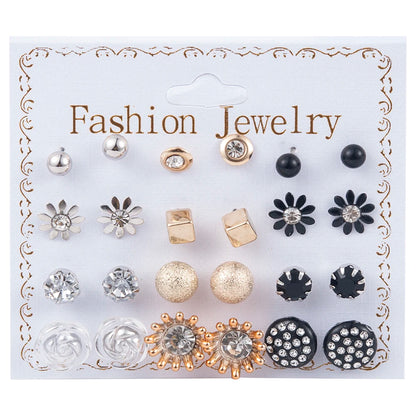 NEW 12~36 Pairs Fashion Women Girls Resin Plastic Crystal Diamante Flower Stud Earrings Set Random Style Gold Color Jewelry