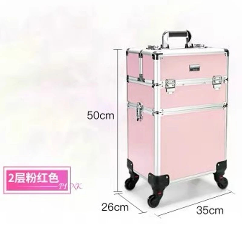 New Women Trolley Cosmetic Bags on Wheel,Nails Makeup Toolbox,Detachable Foldable Beauty Suitcase Travel bag vs Rolling Luggage