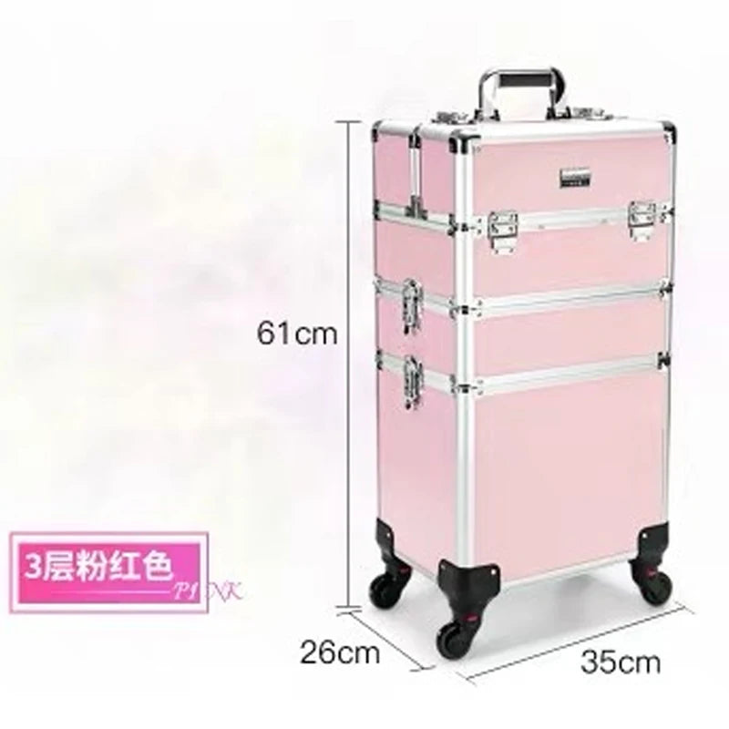 New Women Trolley Cosmetic Bags on Wheel,Nails Makeup Toolbox,Detachable Foldable Beauty Suitcase Travel bag vs Rolling Luggage