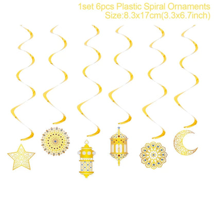 Eid Mubarak Banner Decor For Home Gold Spiral Eid Pendant Bunting Islamic Muslim Hajj Mubarak Festival Party DIY Ramadan Decor