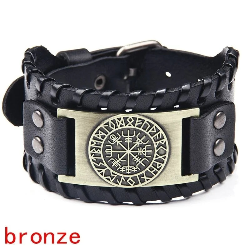 Vintage Wide Leather Woven Wolf Head Bracelet for Men Celtic Viking Compass Bracelet Jewelry Male Accessories Gifts To Boyfriend