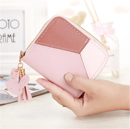 Geometric Patchwork PU Leather Women Long Zipper Wrist Purses Tassel Design Clutch Forever Young Wallet Female Card Holder