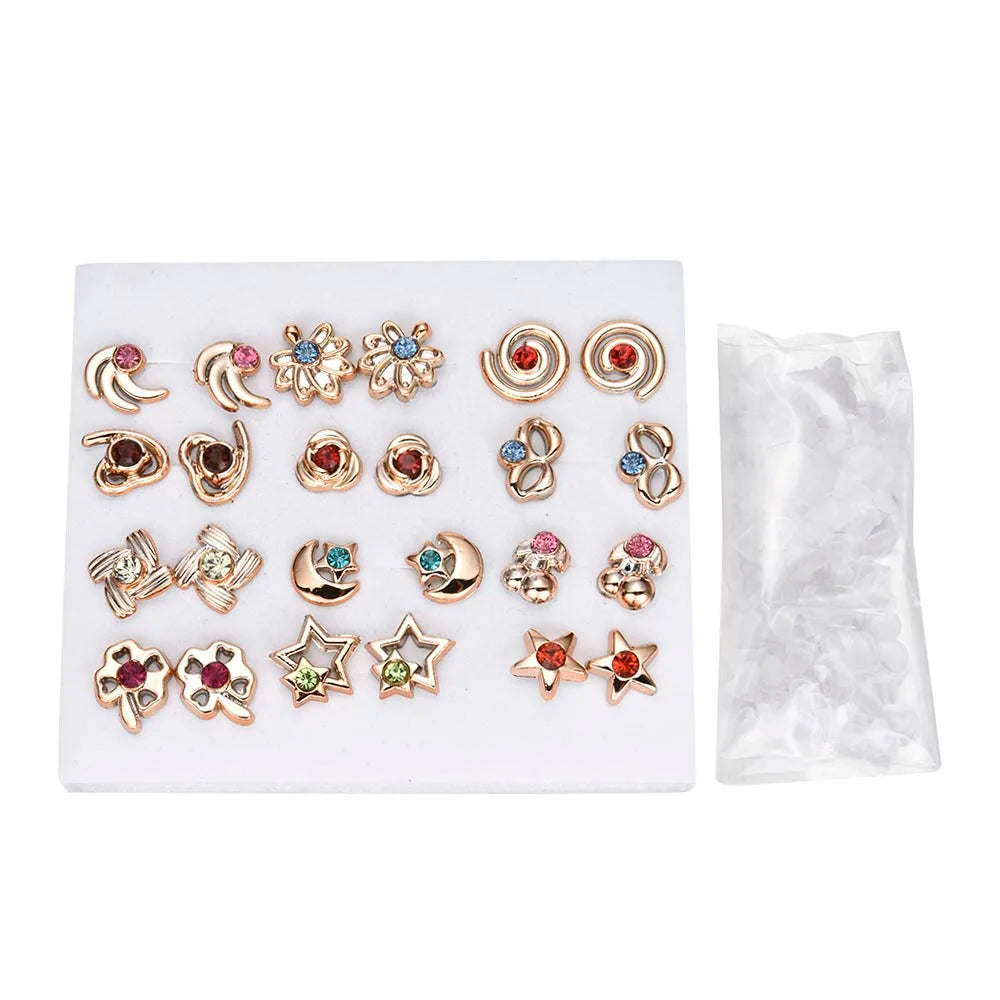 NEW 12~36 Pairs Fashion Women Girls Resin Plastic Crystal Diamante Flower Stud Earrings Set Random Style Gold Color Jewelry