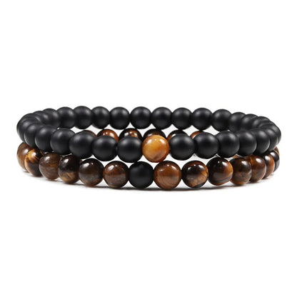 Set Gelang Pasangan Jarak Hitam Putih Batu Lava Asli Tiger Eye Gelang Yoga Manik untuk Lelaki Wanita Perhiasan Tali Elastik 