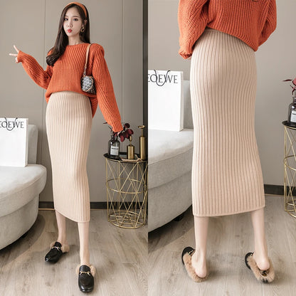 Womens Knitted Skirts Slim Solid Basic Package Hip Pencil Skirt Ladies High Waist Long Mid-Calf Skirt Streetwear Autumn Winter