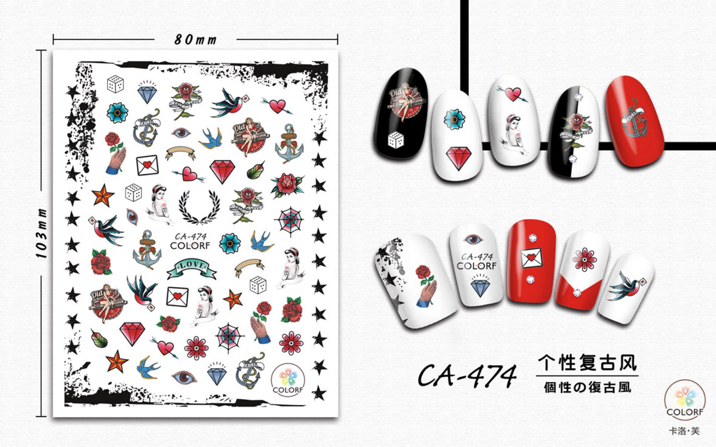 Terbaru CA-473 gaya retro 3d nail art sticker nail decal stamping eksport jepun reka bentuk rhinestones hiasan